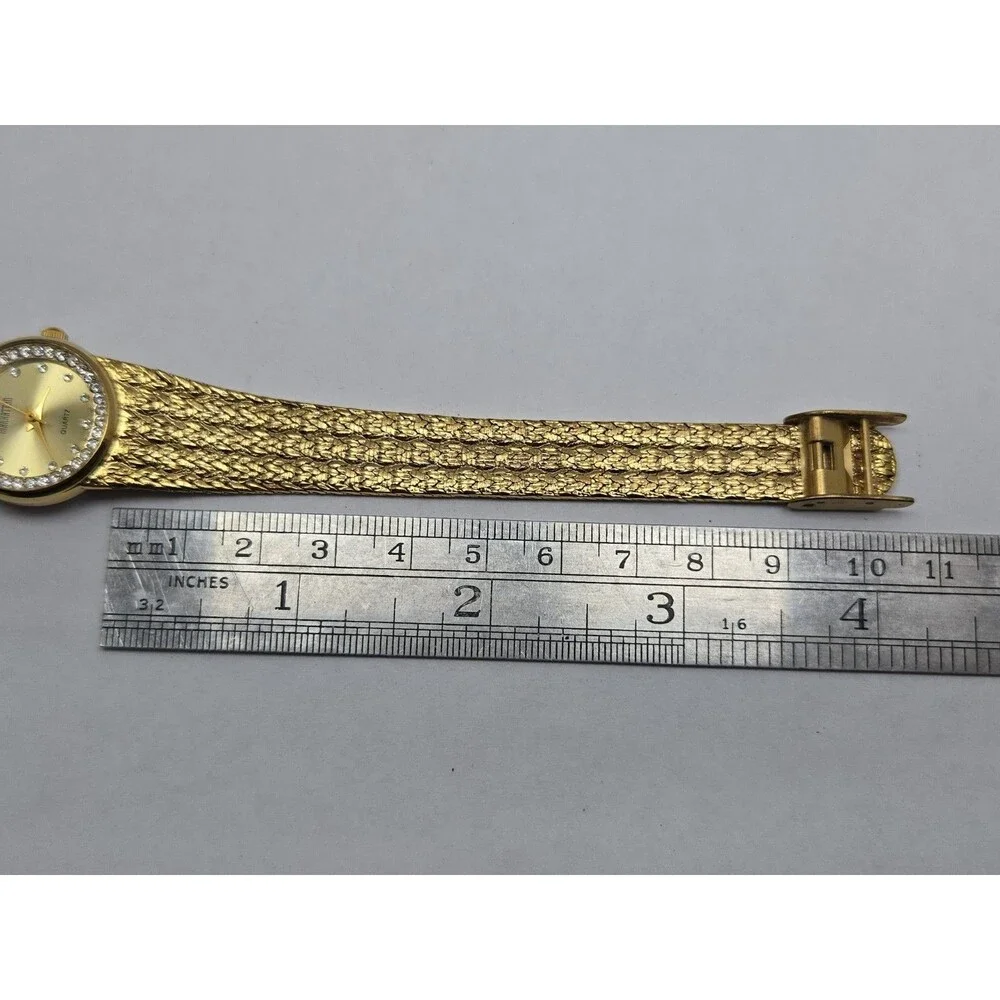 Manhattan Croton Womens Gold Tone Crystal Bezel Basket Weave Watch New Battery
